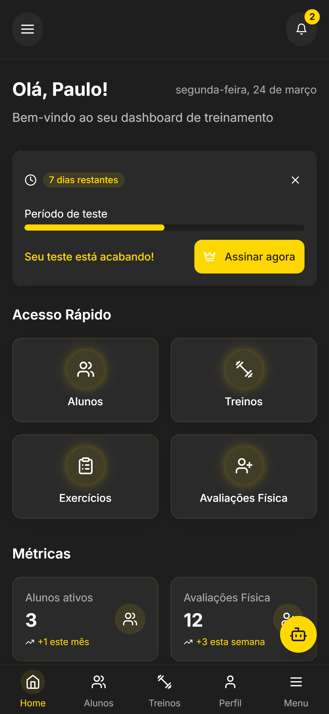 Aplicativo móvel do Welltrainer mostrando a tela de treinos em um smartphone